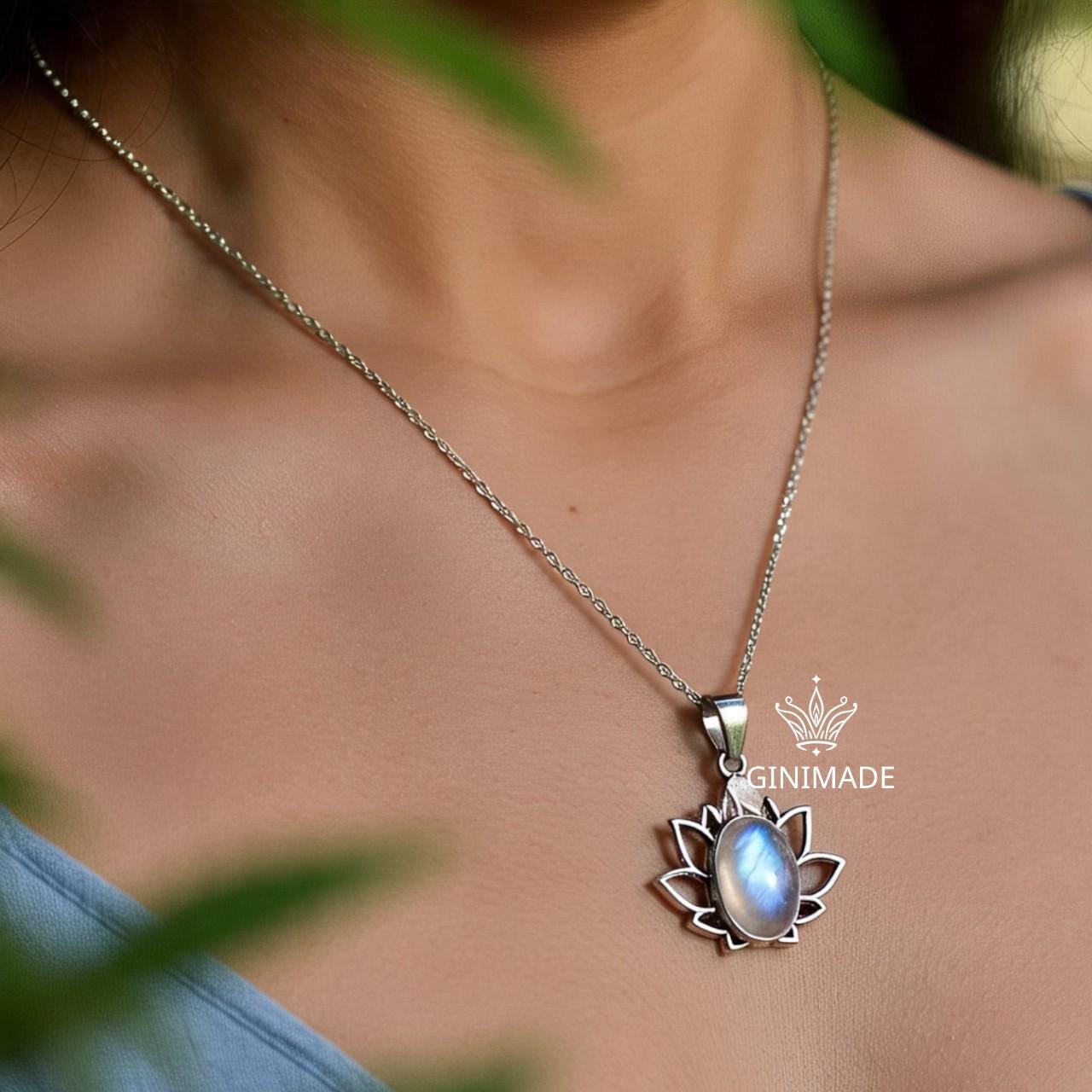Moonstone Lotus Necklace, Silver or Gold Pendant Necklace, Handmade Jewelry for Women, Dainty Necklace Gift for Her, Spiritual Boho Jewelry