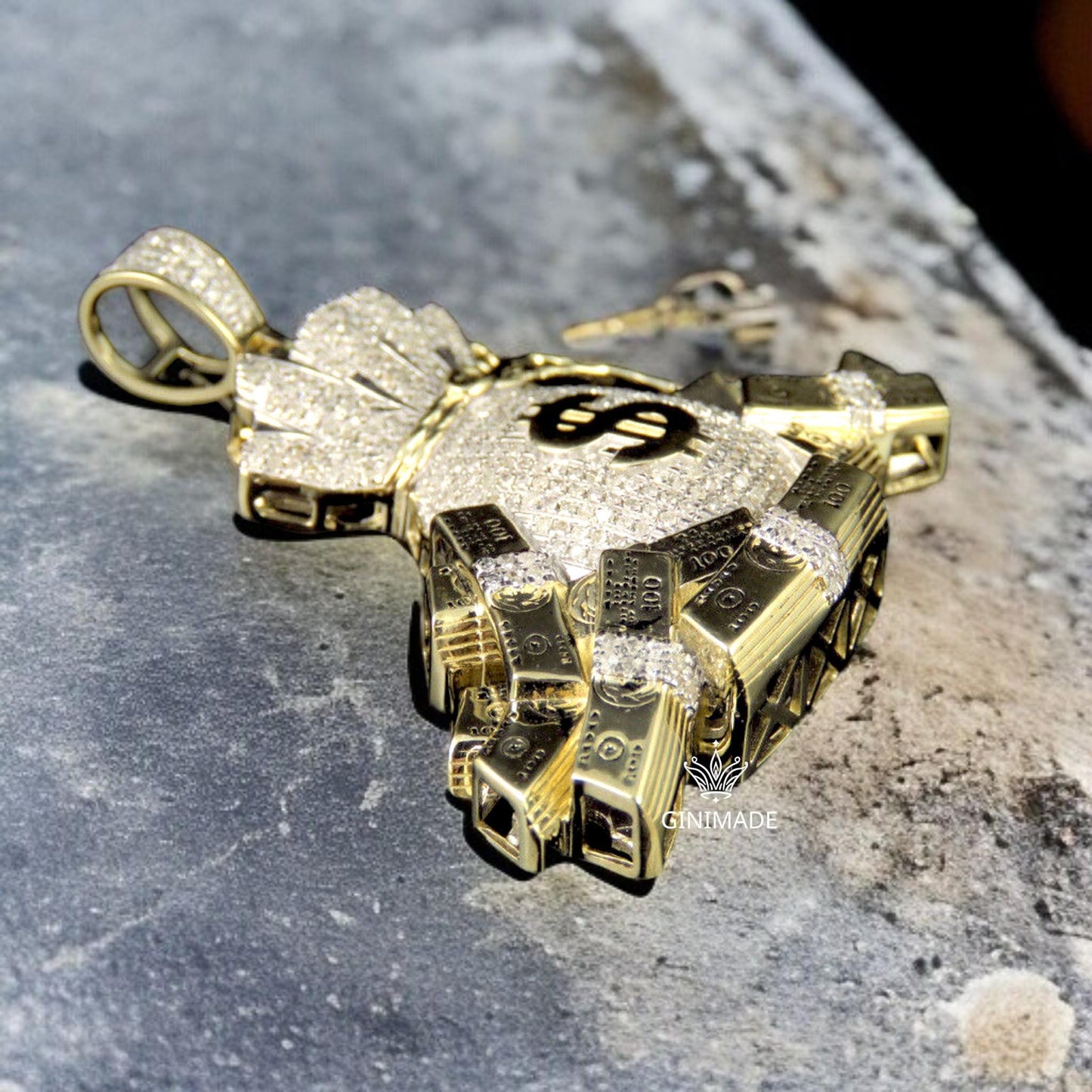 Money Bag Pendant with Dollar Sign – Iced Out Gold & Diamond Simulated Hip Hop Necklace | Statement Jewelry for Men