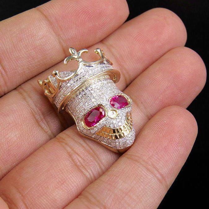 Crowned Skull Pendant with Ruby Eyes – Iced Out Hip Hop Jewelry for Men, Statement Bling Pendant by GINIMADE