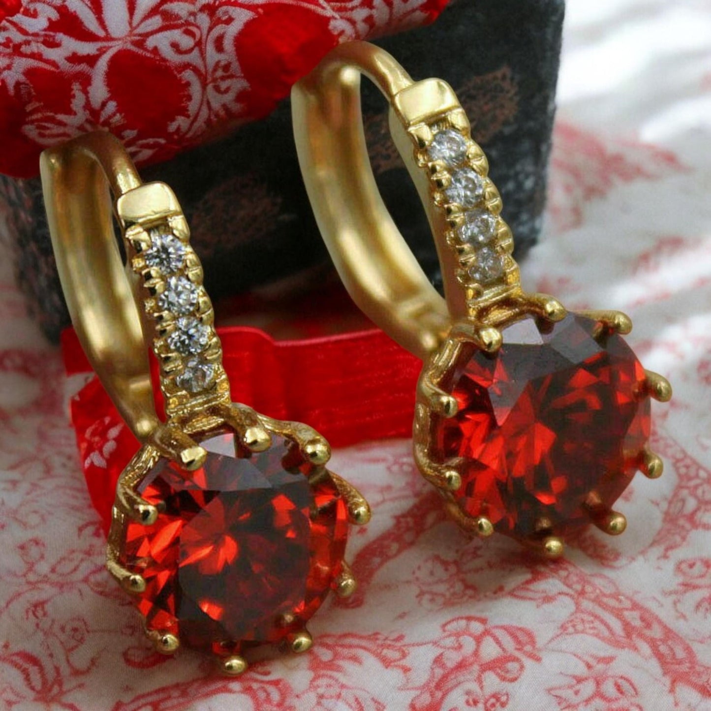 Elegant Women's Hoop Earrings with Dark Red & White CZ Crystals | 925 Sterling Silver, 18ct Gold Filled | Valentine's Day Gift for her.