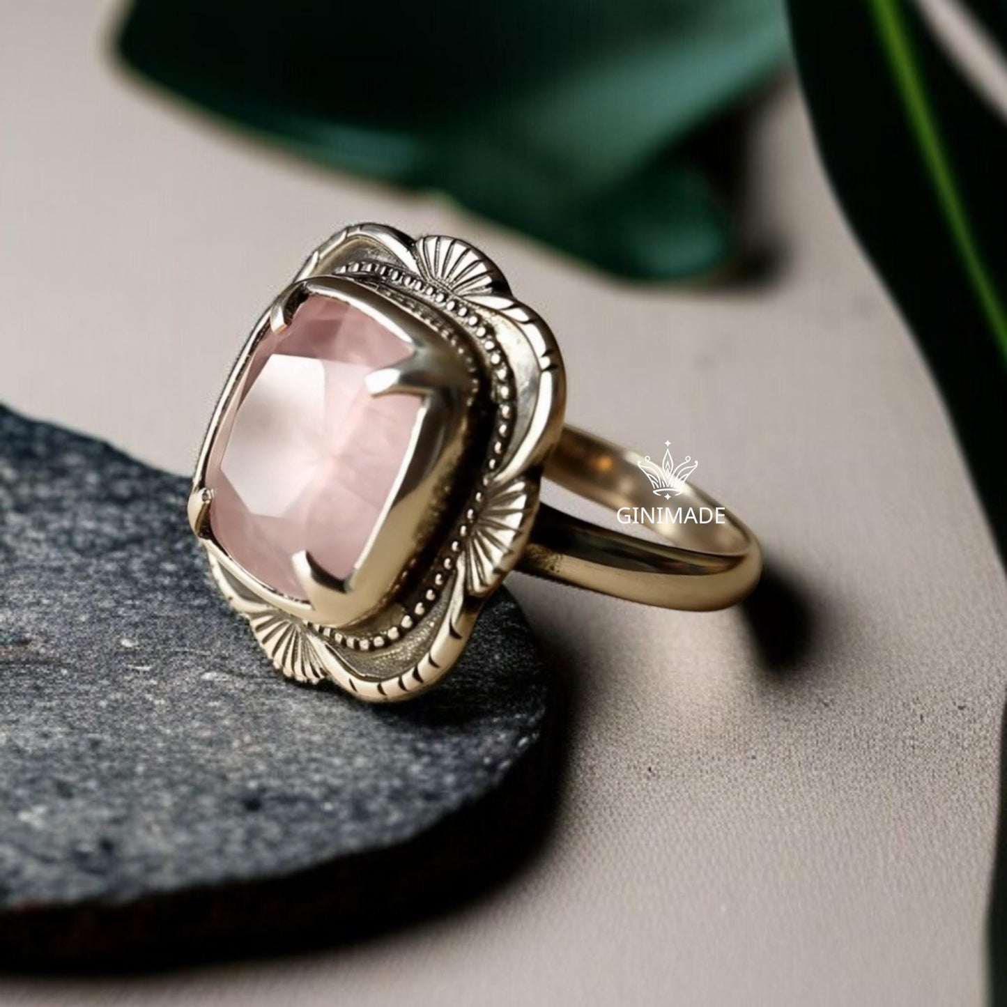 925 Sterling Silver Rose Quartz Ring • Boho Cushion Cut Pink Gem, Gift for Her