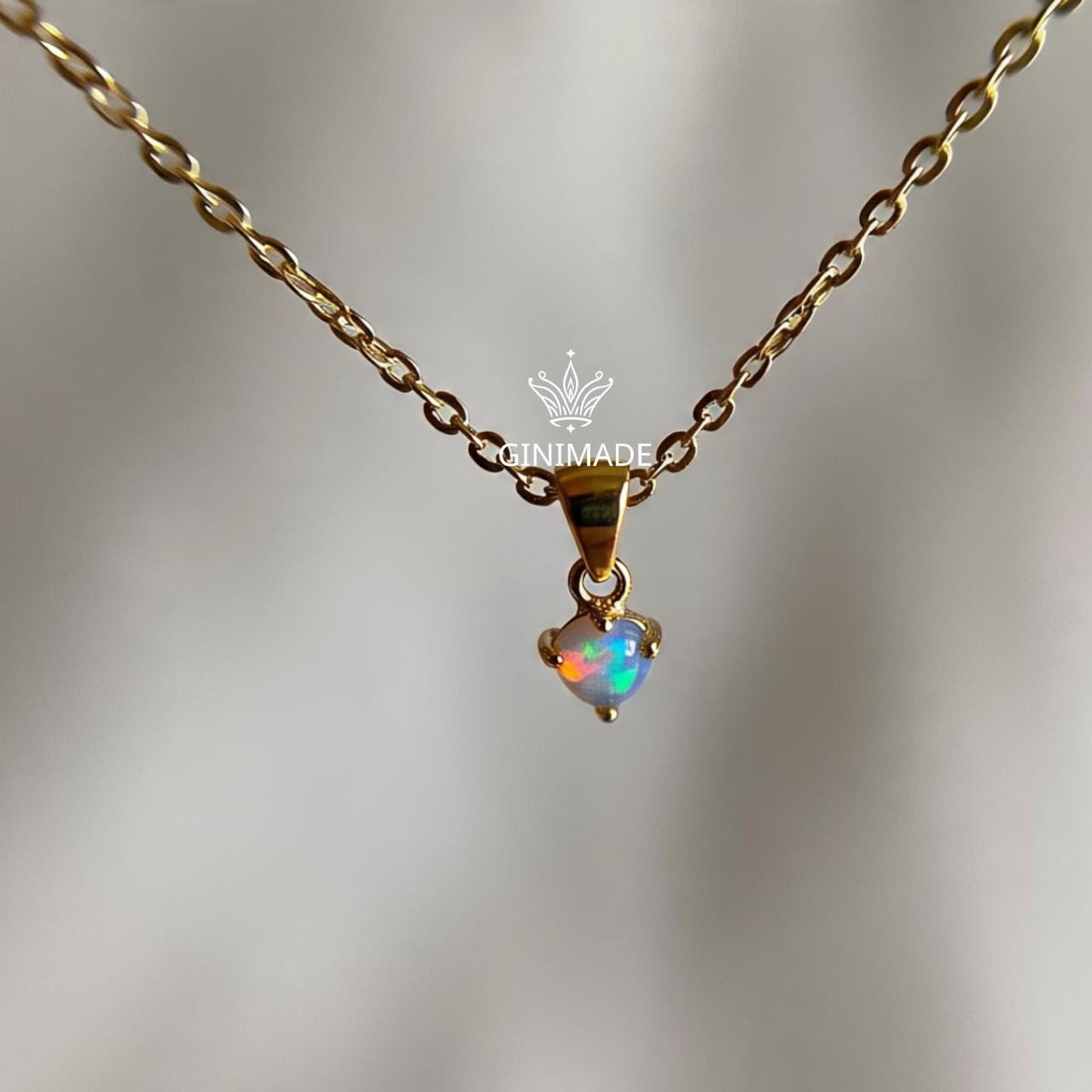 Tiny Opal Gold Necklace – Dainty Round October Birthstone Pendant, Minimalist Gold Jewelry, Bridesmaid Gift, Birthday Gift for Her