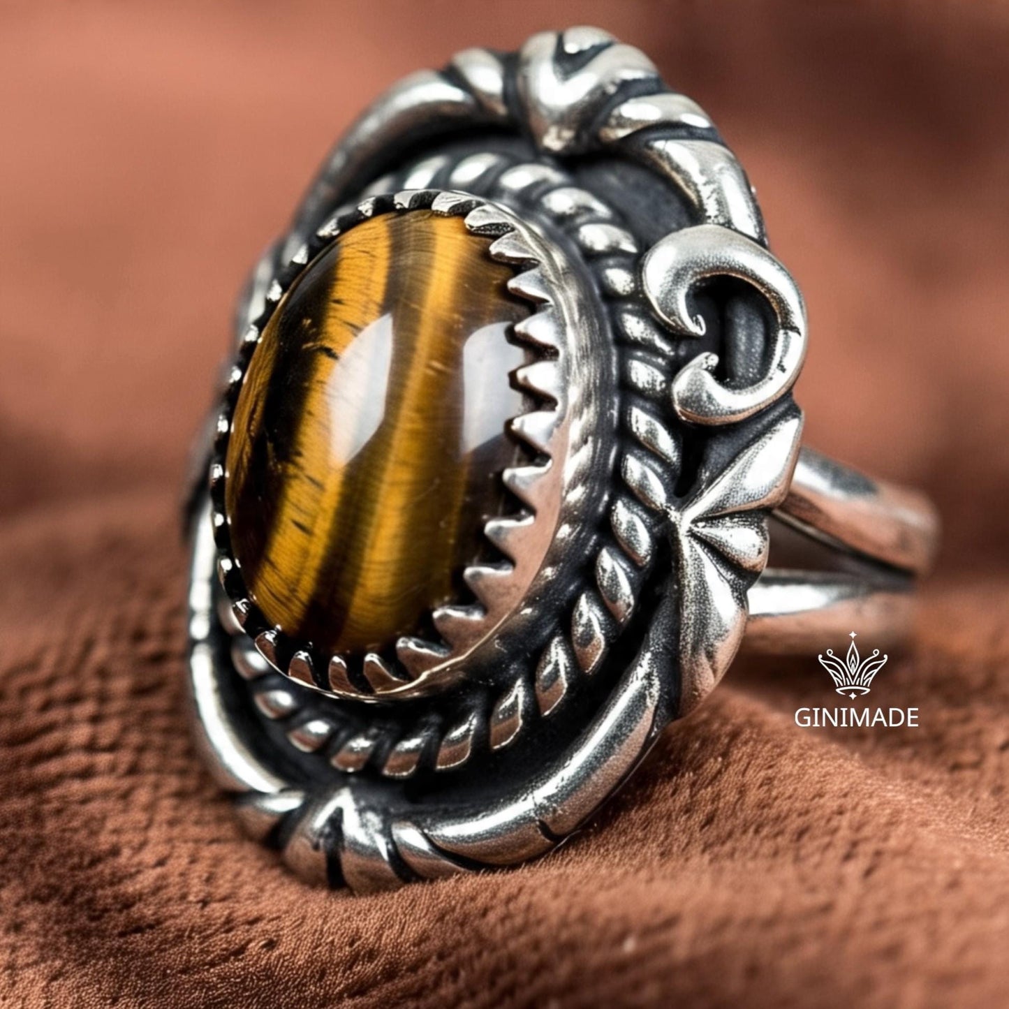 Tiger Eye Statement Ring – Bold Sterling Silver Gemstone Ring – Boho Vintage Tribal Jewelry – Handmade Ginimade Ring