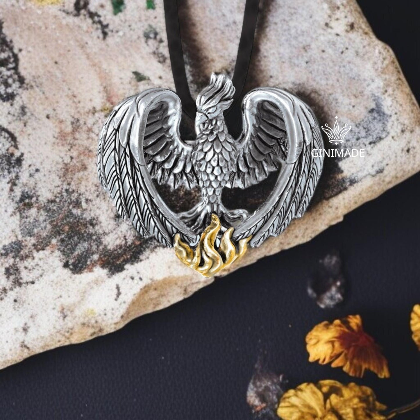 Phoenix Rising Pendant Necklace | Sterling Silver Phoenix with Golden Flames | Rebirth & Strength Jewelry | Gift for Him and her | GiniMade