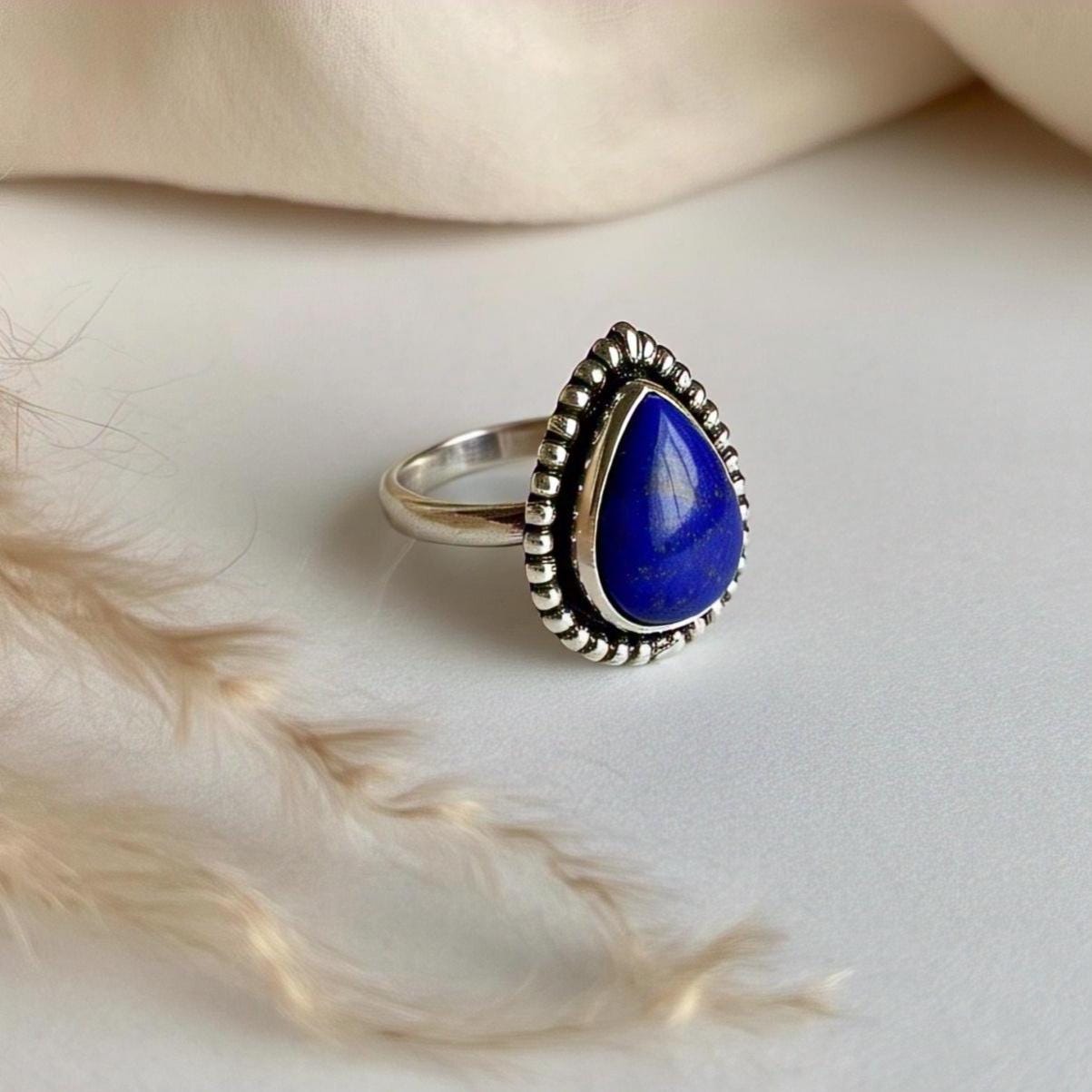 Lapis Lazuli Ring – Pear Gemstone in 925 Sterling Silver, Boho Natural Vintage-Inspired Bohemian Jewelry, Handmade Statement Gift for Her
