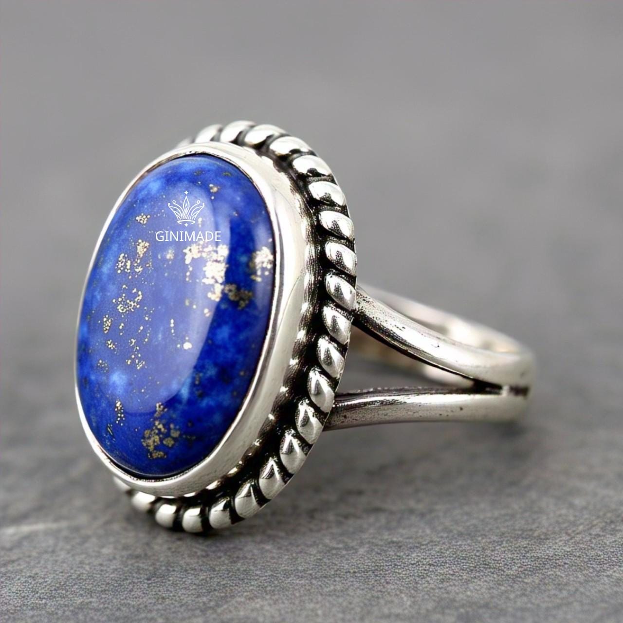 Lapis Lazuli Statement Ring – Vintage Style Sterling Silver Ring – Blue Gemstone Ring for Women – Boho Handmade Jewelry by Ginimade