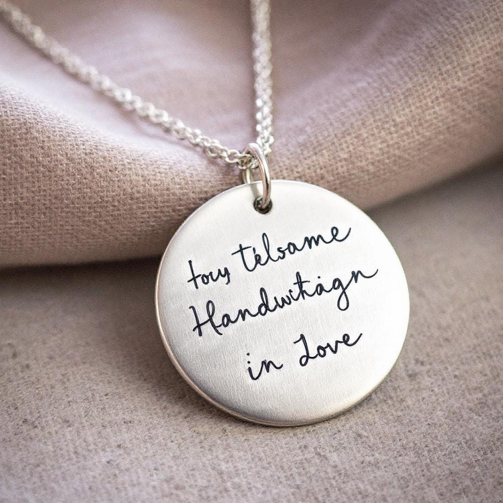 Custom Handwriting Disc Necklace • Memorial Signature Jewelry • Personalized Gold Engraved Necklace • Actual Handwriting Gift for Her