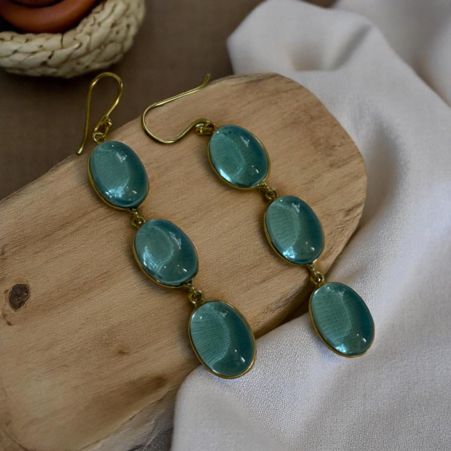 Lush Blue Drops – Handcrafted 3-Stone Brass Earrings – Bohemian Chic Dangle Jewelry for Her