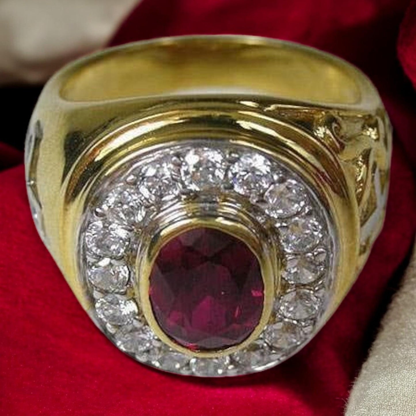 Vintage 1930s men&#39;s ring with CZ ruby crystal, 18kt gold plated silver