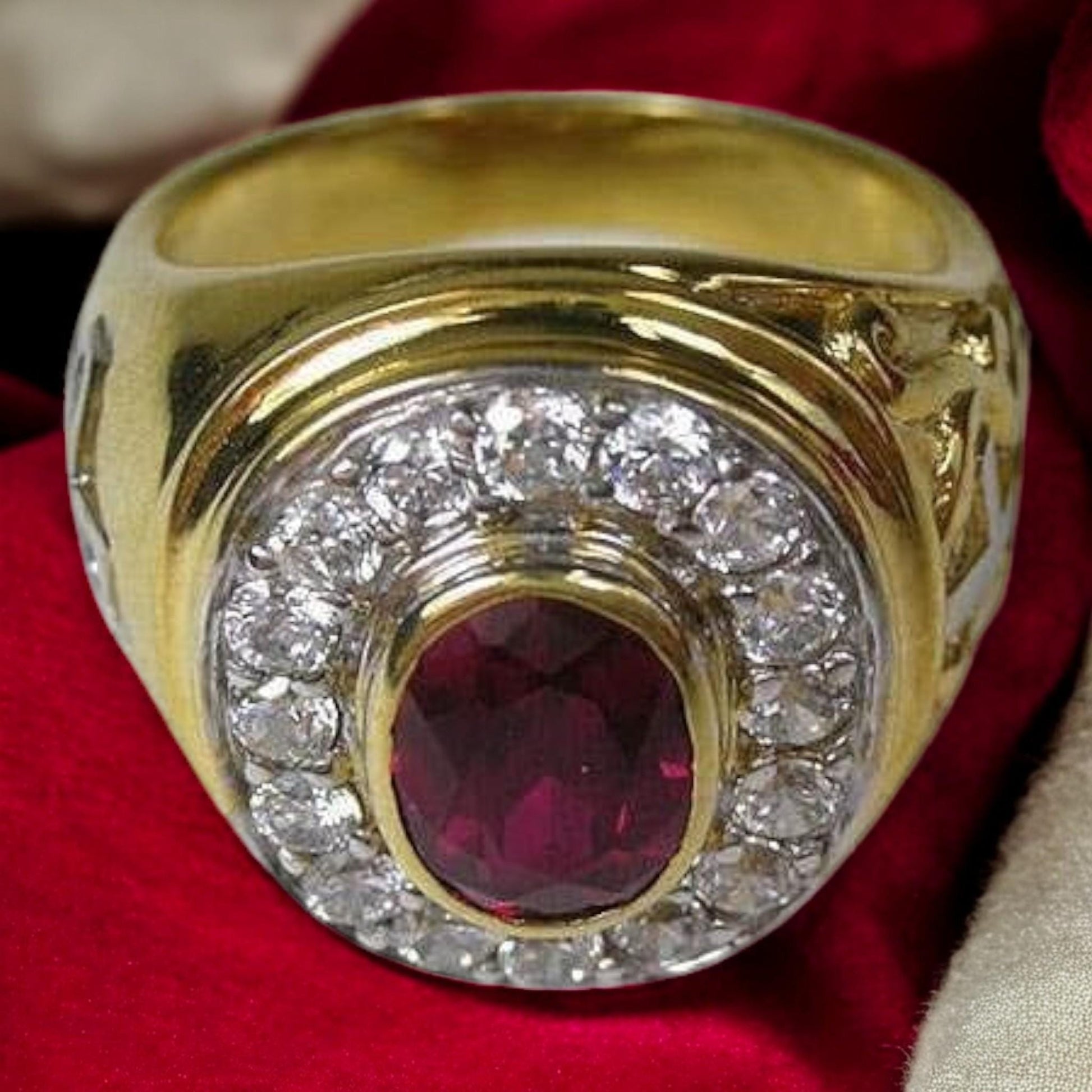 Vintage 1930s men&#39;s ring with CZ ruby crystal, 18kt gold plated silver