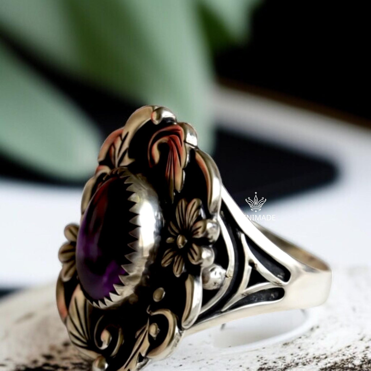 Bold Amethyst Ring – Bohemian Nature-Inspired Silver Jewelry – Floral Leaf Design