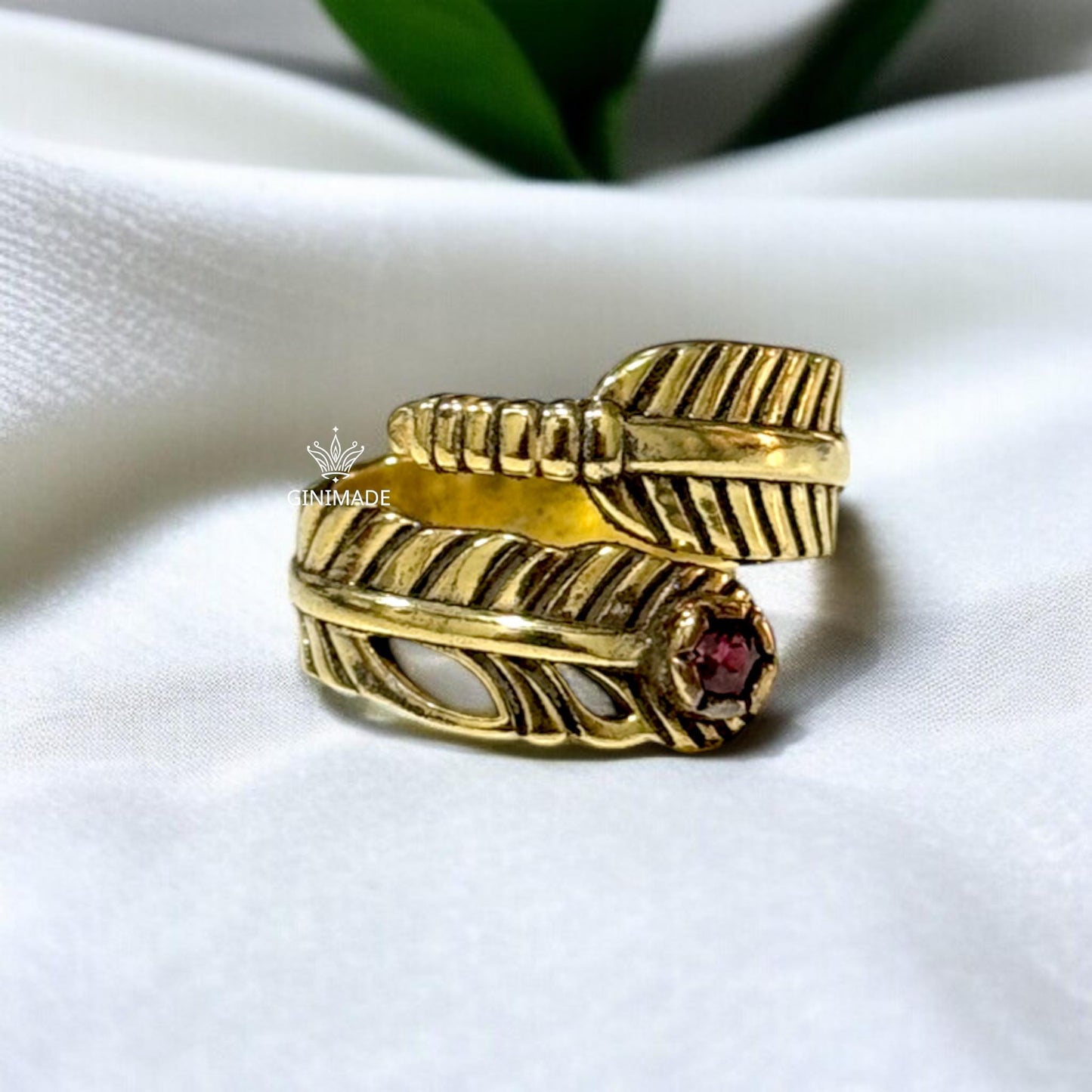 Feather Wrap Ring with Natural Rhodolite | 925 Sterling Silver Boho Ring | Adjustable Bird Feather Ring | Gift for Her | Handmade Jewelry.