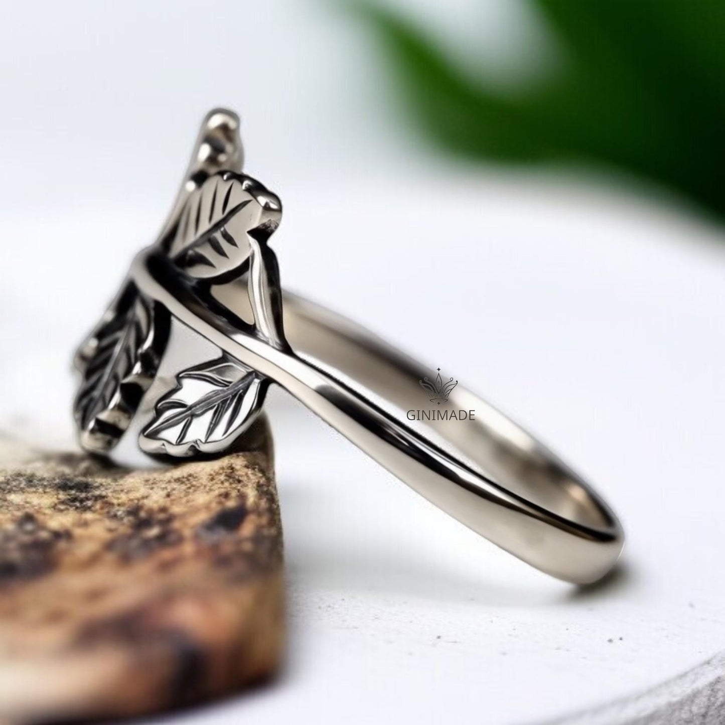 Silver Leaf Branch Ring | Nature Inspired Vine Ring for Women & Men | Botanical Leaf Band | Sterling Silver Look Minimal Ring | Gift Jewelry