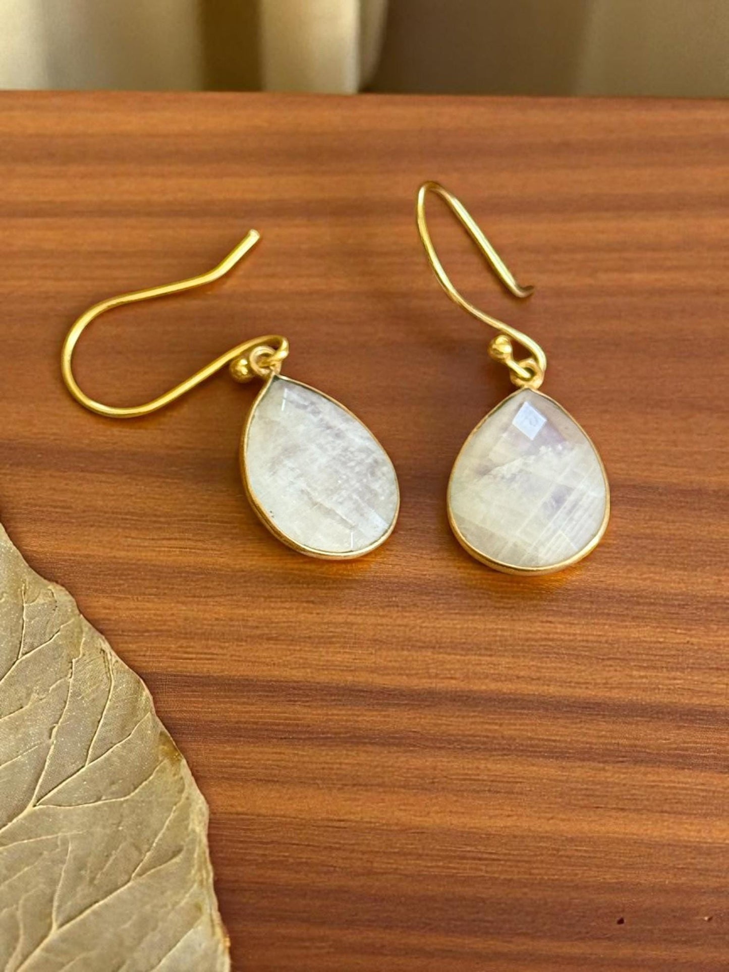 Moonstone Teardrop Earrings – Handmade 18K Gold Plated Dangle Earrings, Elegant Boho Jewelry for Women, June Birthstone Gift |Faceted