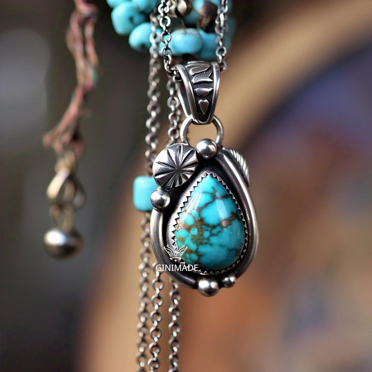 Copper turquoise Pendant Pear – 925 Sterling Silver Boho Necklace, Natural Gemstone Jewelry, Handmade Vintage Gift for Her