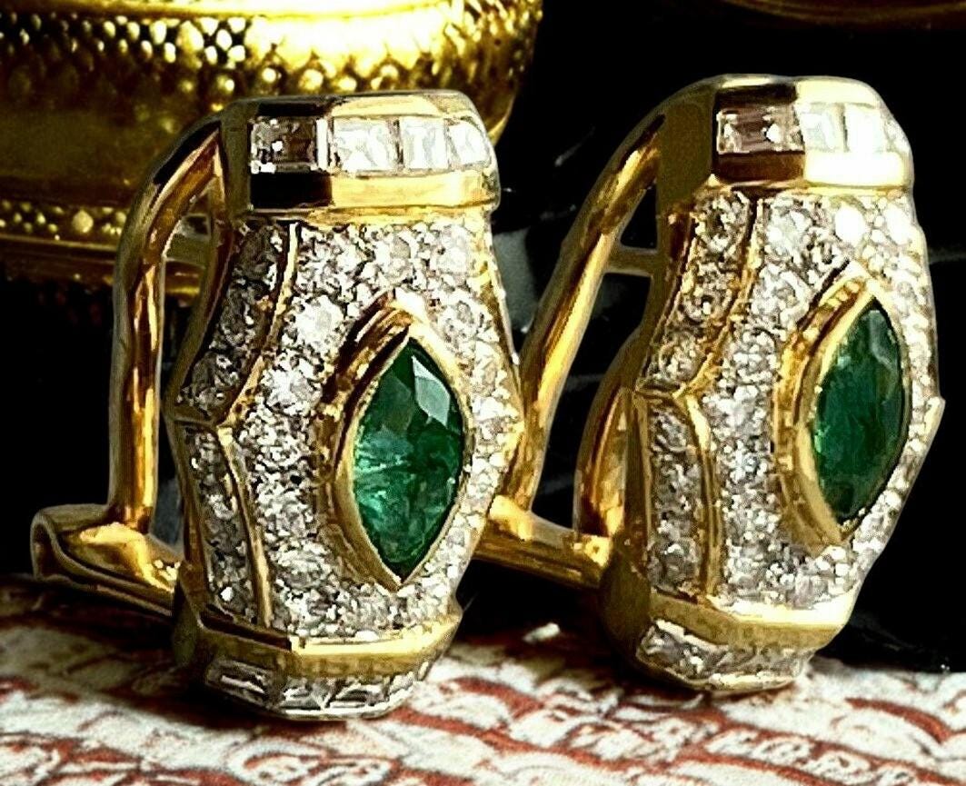 Vintage Emerald and Lab Diamond Earrings | 925 Sterling Silver Gold Plated Jewelry"
