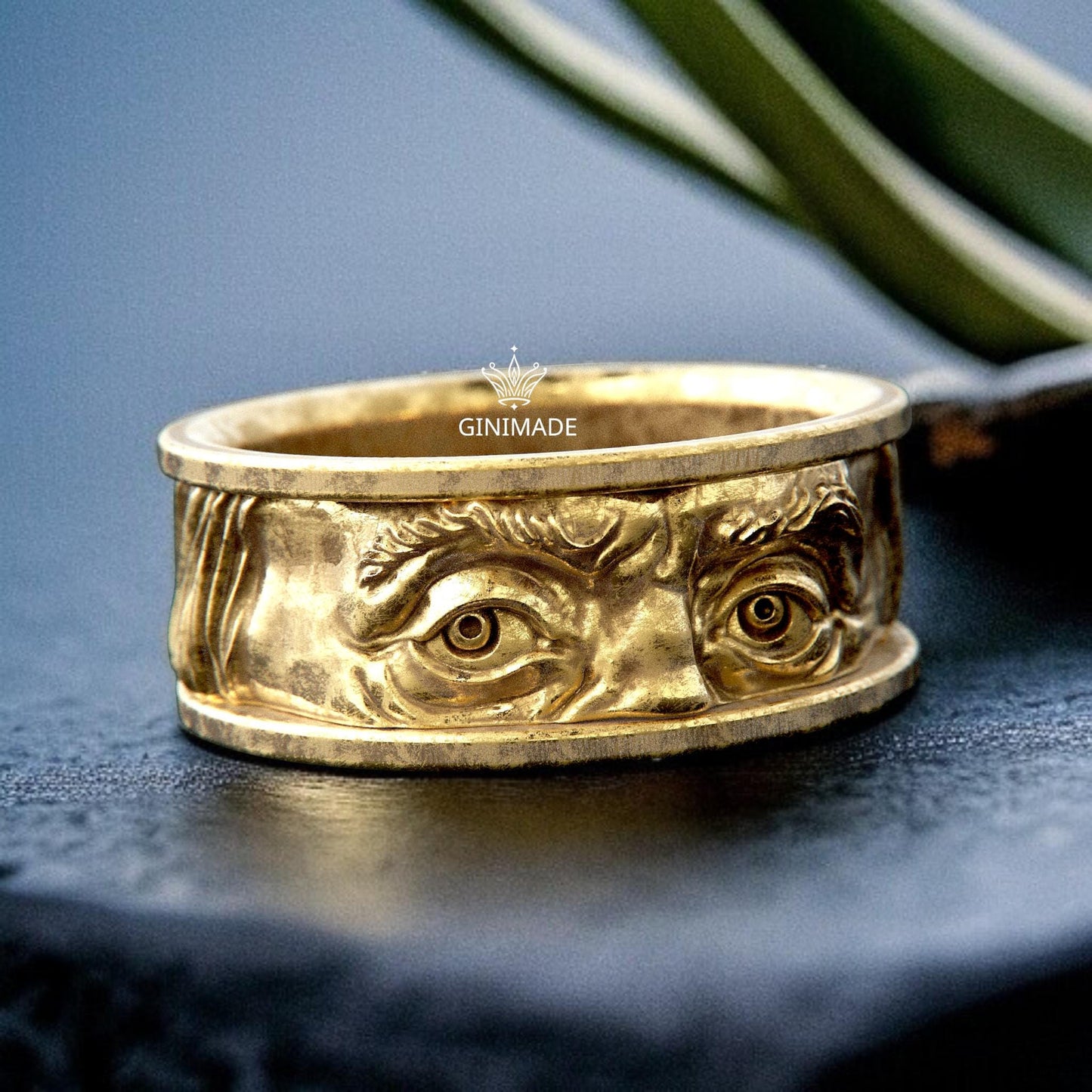 Franklin Eyes Ring | Bold Gold Face Ring | Handmade Sculpted Eye Band | GINIMADE Statement Jewelry | Gothic Men's Ring | Unique Artisan Ring