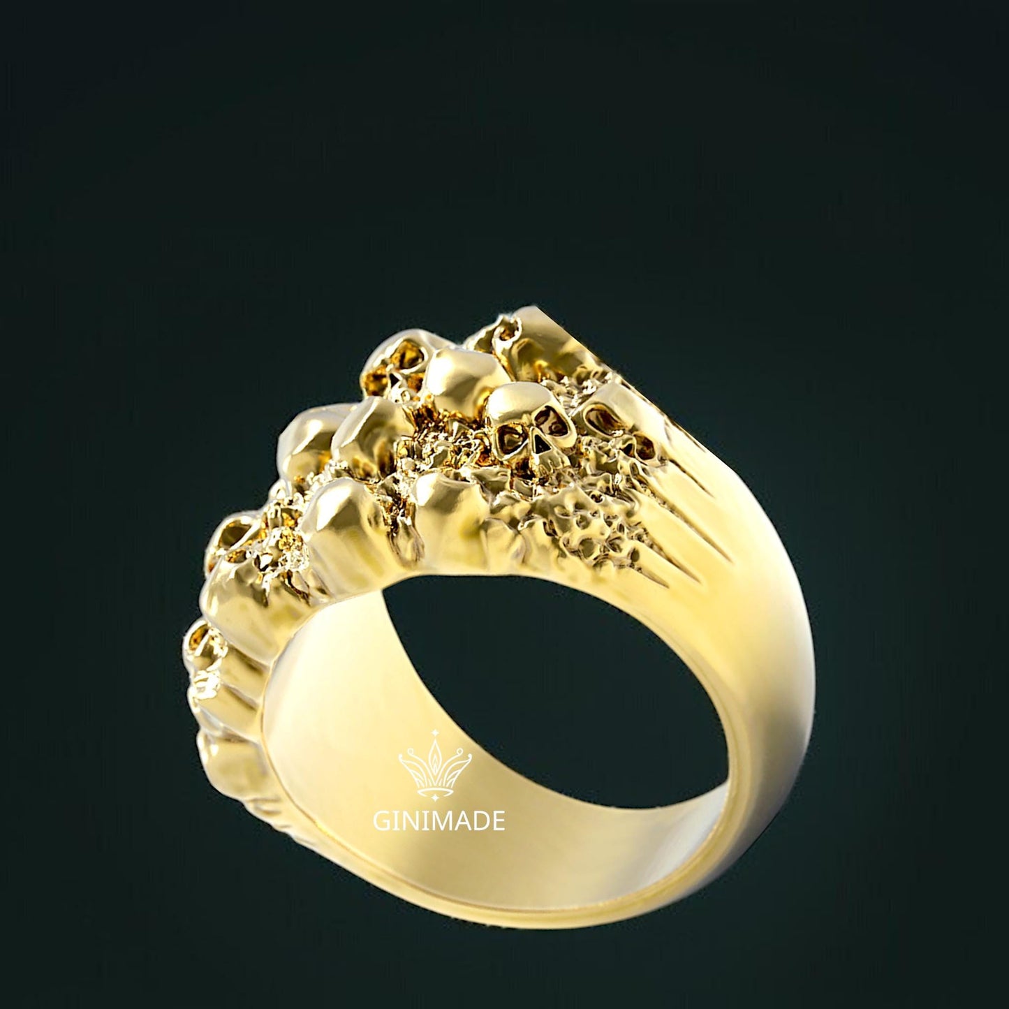 Gold Nugget Skull Ring – Men's Bold Gothic Statement Ring – 18K Gold Plated Nugget Texture with Skulls – Biker Punk Jewelry by Ginimade