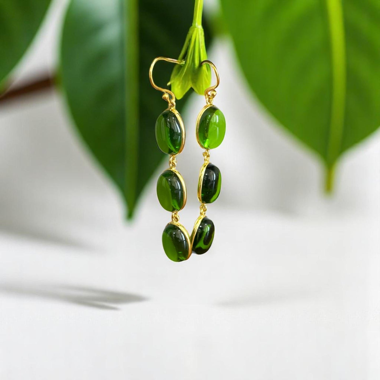 Lush Green Drops – 3-Stone Brass Earrings – Handcrafted Bohemian Chic.