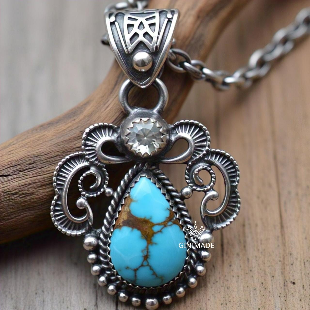 Copper turquoise Pendant Pear – 925 Sterling Silver Boho Necklace, Natural Gemstone Jewelry, Handmade Vintage Gift for Her