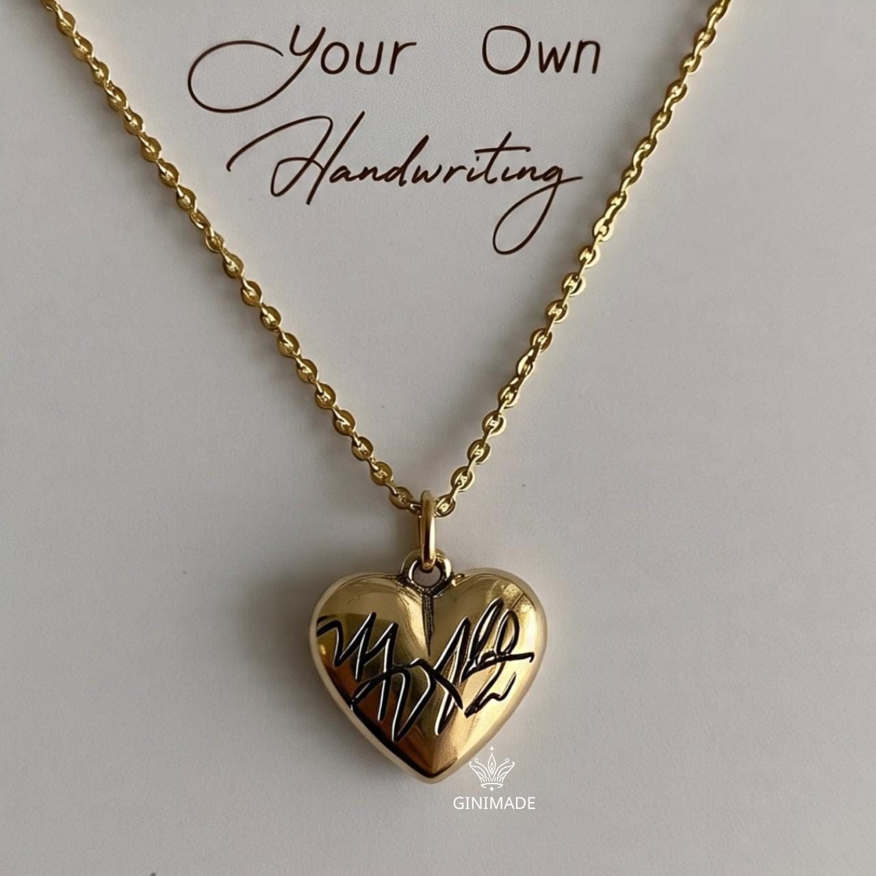 Custom Handwriting Heart Necklace • Memorial Signature Jewelry • Personalized Gold Engraved Necklace • Actual Handwriting Gift for Her