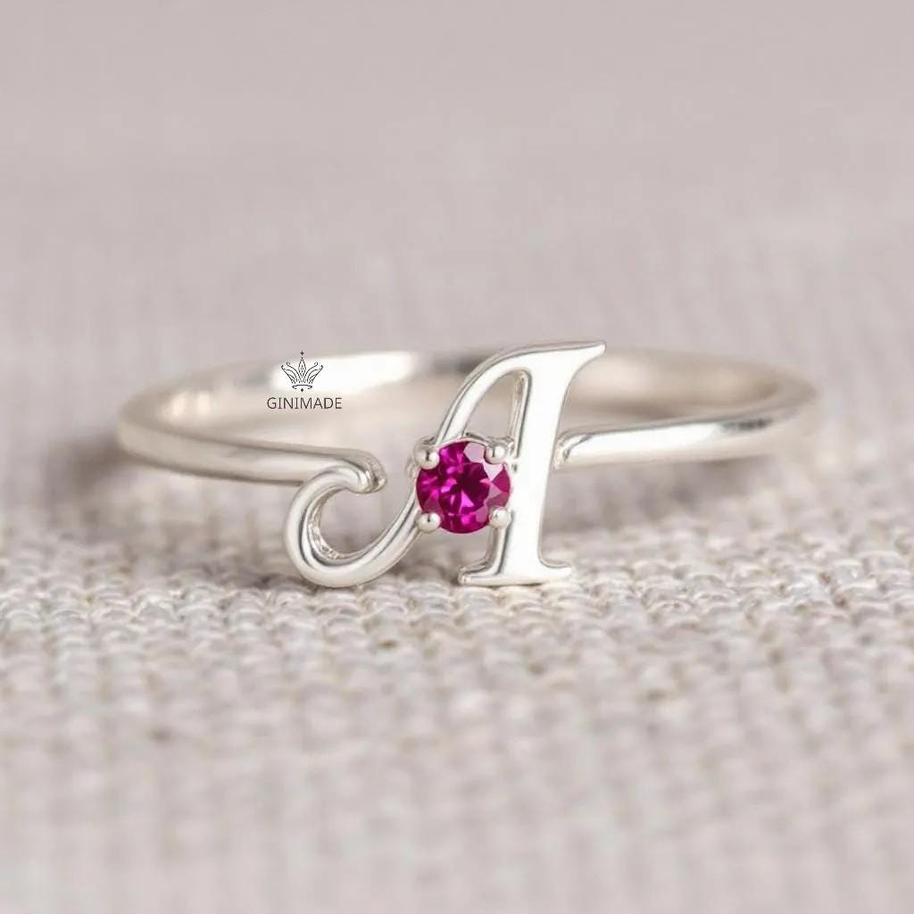 Custom Initial CZ Birthstone Ring • Personalized Name Ring • Dainty Stacking Ring • Graduation Gift •Gift for Her•Bridesmaid Jewelry