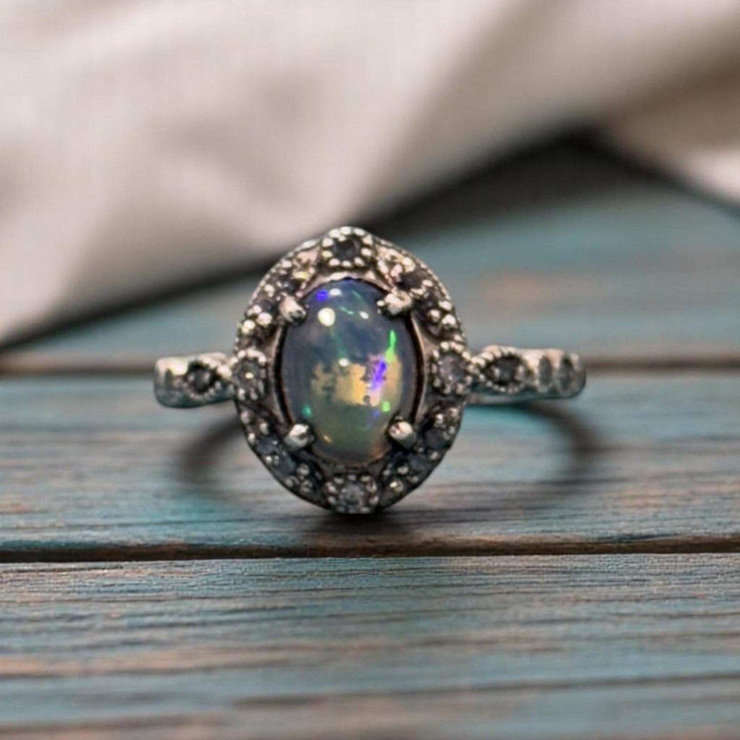 Boho Natural Opal Ring in 925 Sterling Silver – Oval Gemstone with CZ Diamond Accents, Vintage-Inspired Bohemian Jewelry