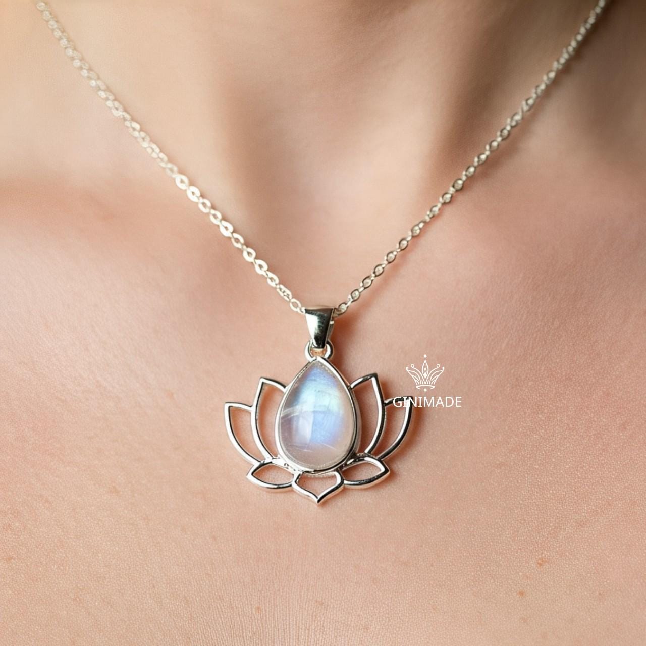 Moonstone Lotus Necklace, Silver or Gold Pendant Necklace, Handmade Jewelry for Women, Dainty Necklace Gift for Her, Spiritual Boho Jewelry