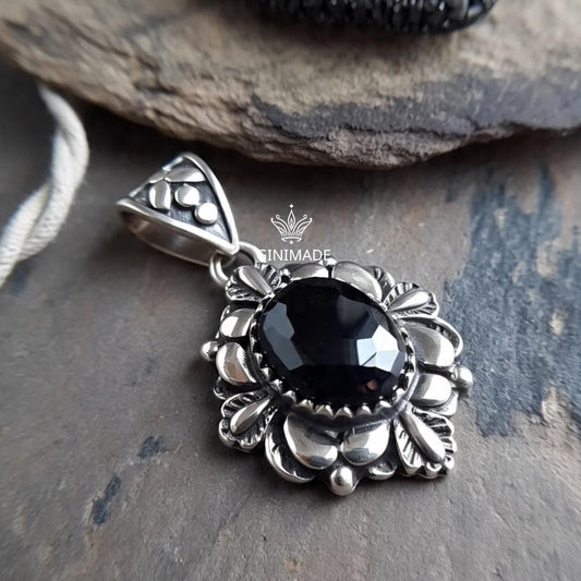 Handcrafted Black Onyx Pendant in Vintage Sterling Silver | Boho Gothic Oval Gemstone Necklace | Artisan Indian Jewelry Gift for Her