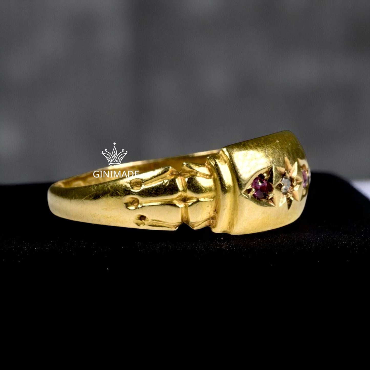 Vintage Gold CZ Diamond & Ruby Ring | Victorian Starburst Ring | Antique Style Pink Gemstone Ring | Bold Statement Jewelry for Her