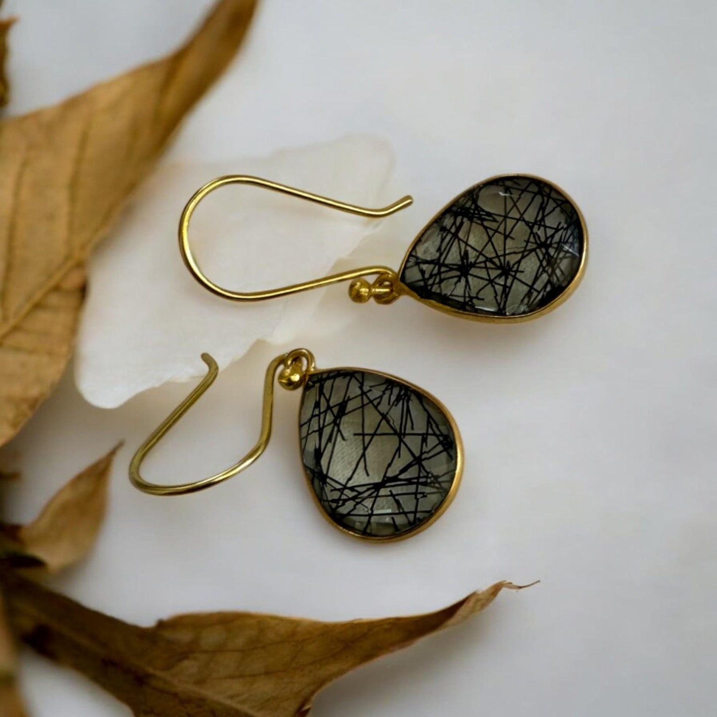 Handmade Rutilated Quartz Earrings – Teardrop Gemstone Dangle Earrings – Gold-Plated Jewelry Gift for Women.