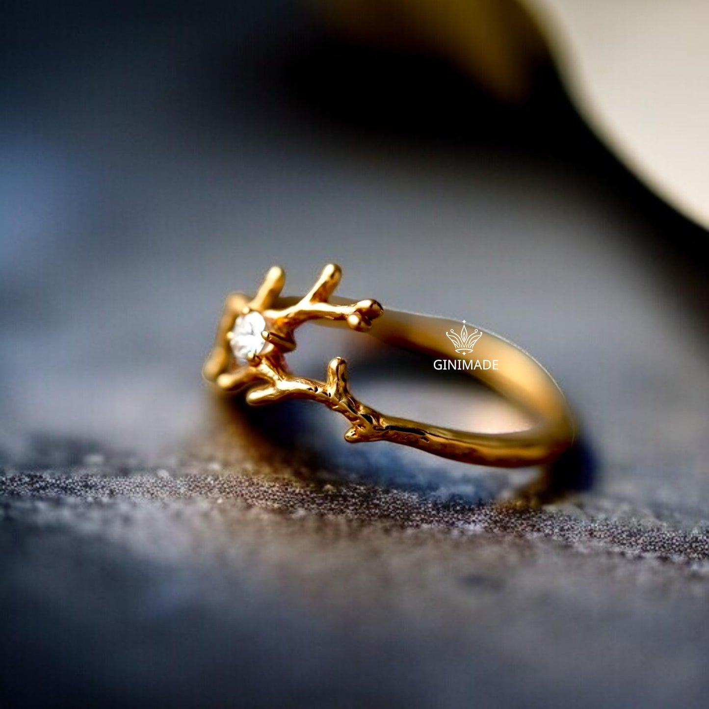 Gold Twig Branch Ring with CZ Diamond | Nature Inspired Gold Plated Band | Woodland Engagement Ring | Dainty Tree Branch Jewelry Gift