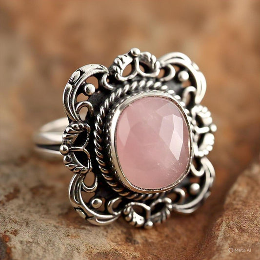 Boho Rose Quartz Ring in 925 Sterling Silver – Cushion Cut Gemstone Ring – Natural Rose Quartz Jewelry – Bohemian Vintage Style Ring – Gift for Her
