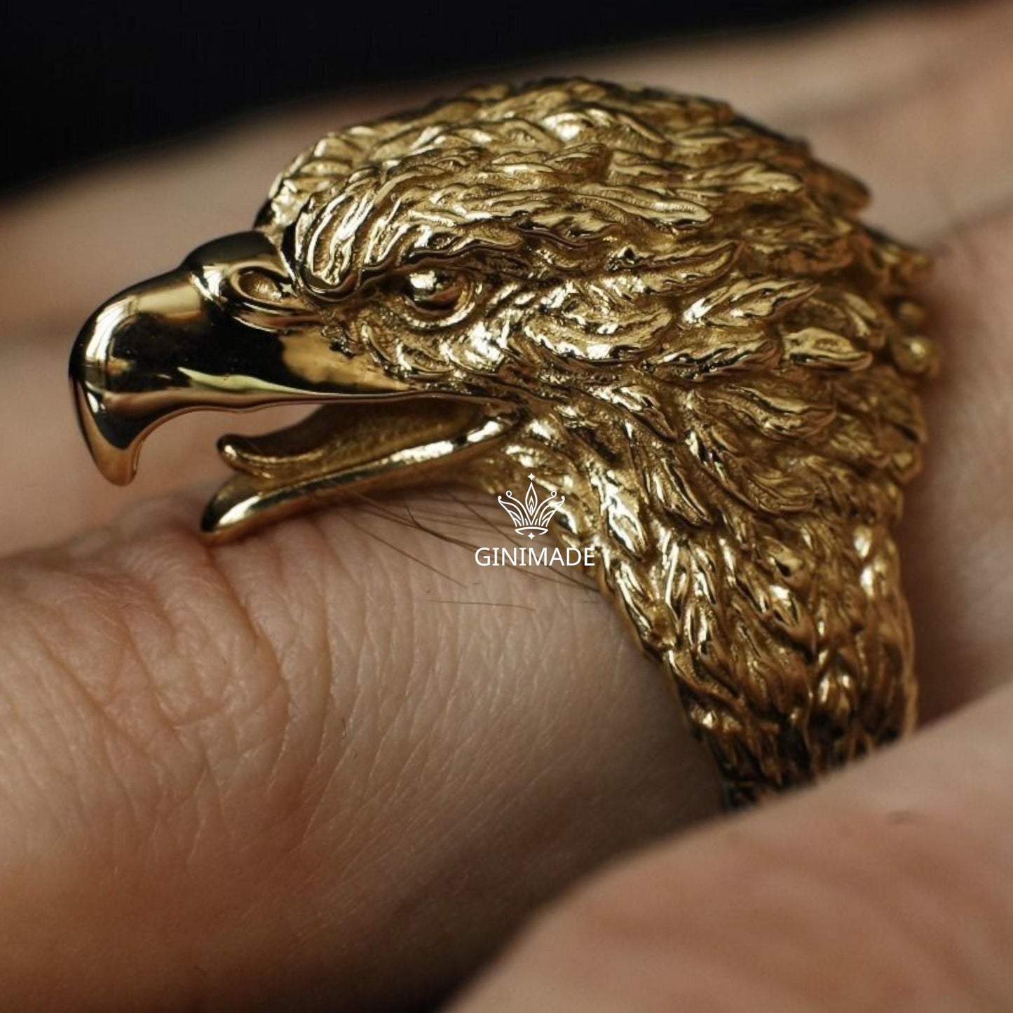 Bold Gold Eagle Head Ring for Men – Statement Bird Ring – Wildlife Inspired Jewelry – Fierce Animal Totem Ring – Gothic Biker Ring