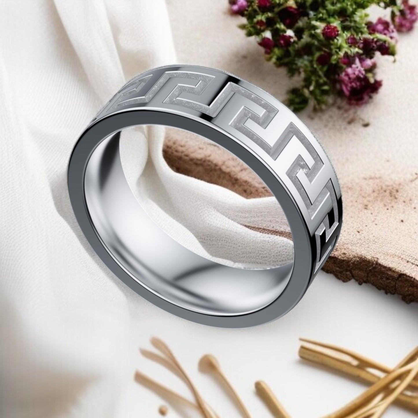 Greek Key Ring 925 Sterling Silver | Men’s Meander Pattern Band | Classic Greek Design Ring for Him | Unisex Silver Statement Jewelry