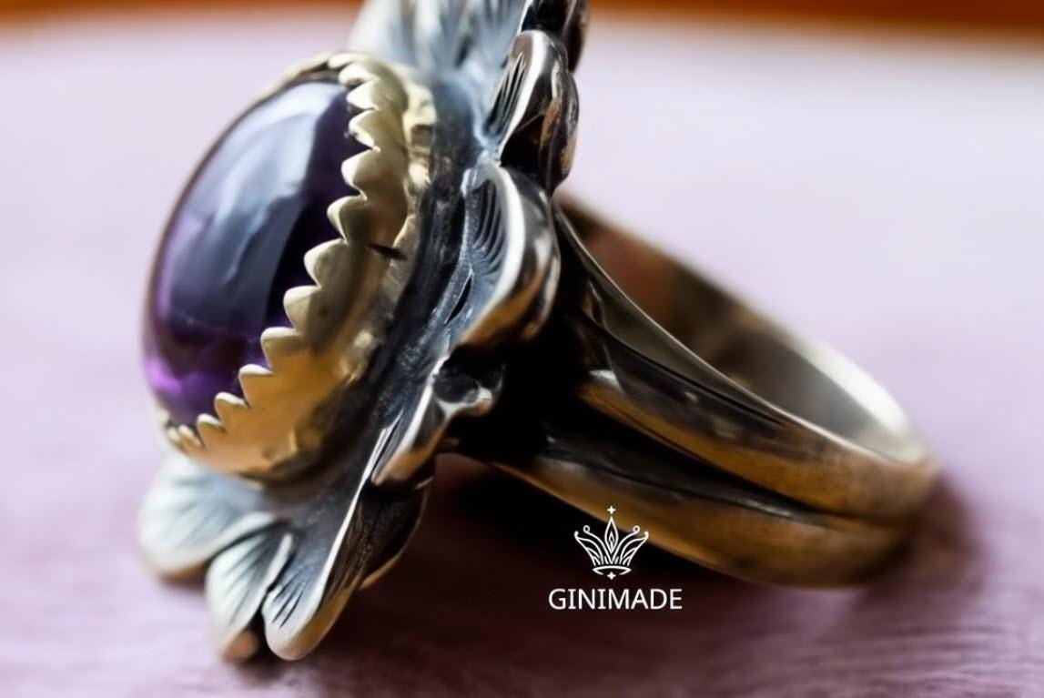 Handcrafted Mix metal Amethyst Ring – Silver Floral Leaf Design – Nature-Inspired Boho Jewelry