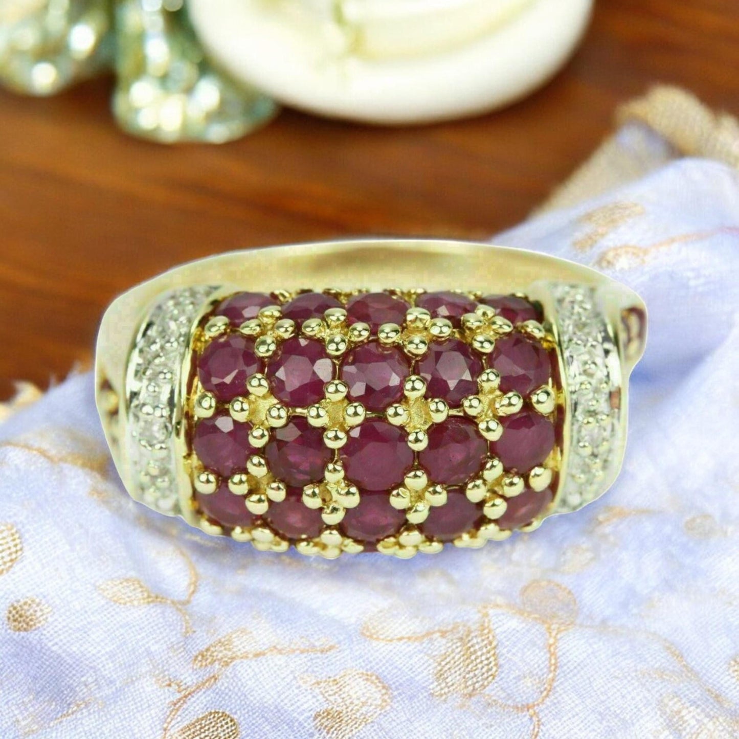 Vintage Style CZ Ruby Cluster Ring | Gold Plated Statement Cocktail Ring | Sparkling Red Gemstone Ring | Bold Party Jewelry for Women