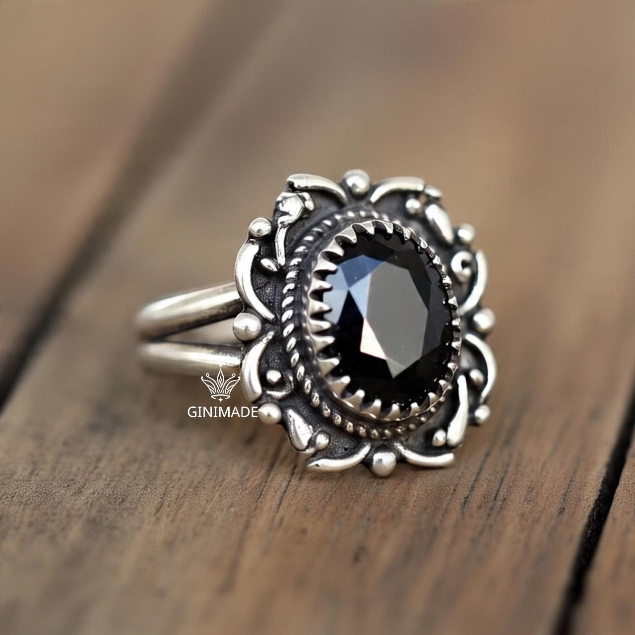 Black Onyx Ring 925 Sterling Silver • Gothic Statement Ring • Handmade Oxidized Silver Ring • Vintage Boho Jewelry • Unique Gift for her.