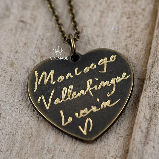 Custom Handwriting Heart Necklace – Black Oxidized Memorial Jewelry, Your Signature Engraved, Brass Heart Pendant –Personalized Couple Gift.