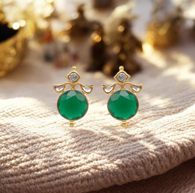 Indian Polki Stud Earrings with Green Onyx in 925 Sterling Silver Handmade Jewelry first anniversary gift.