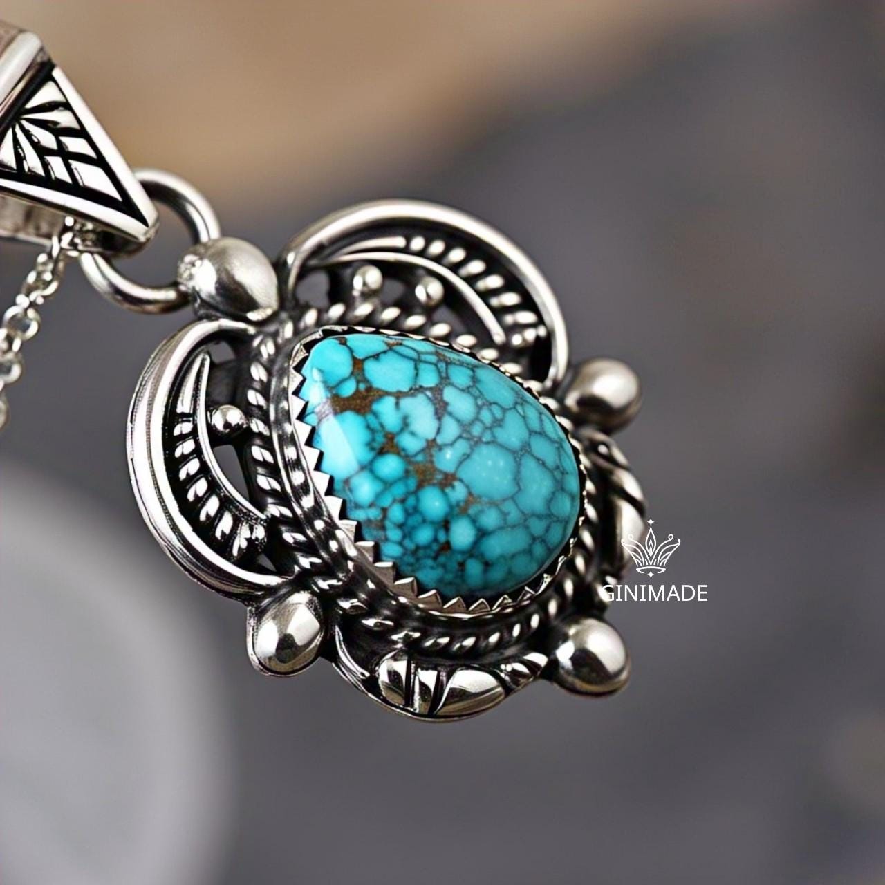 Copper turquoise Pendant Pear – 925 Sterling Silver Boho Necklace, Natural Gemstone Jewelry, Handmade Vintage Gift for Her