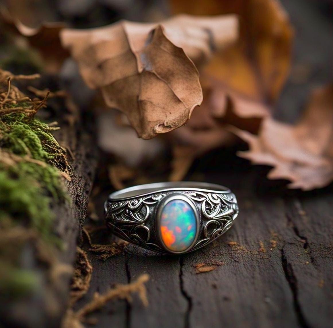 Boho Chic Opal Rings - 925 Sterling Silver, Oval Gemstone, CZ Diamonds