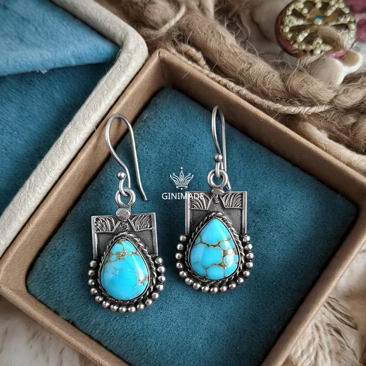 Boho Turquoise Drop Earrings | Handmade Tribal Silver Dangle Earrings | Teardrop Gemstone Oxidized Earrings | Ethnic Indian Jewelry