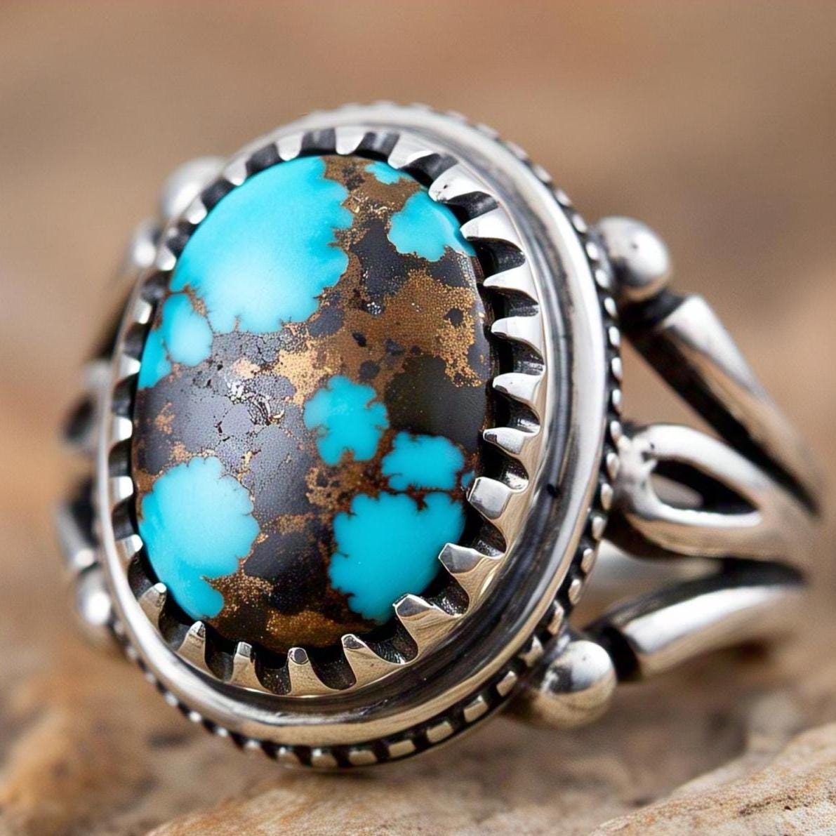 Boho Natural Tibetan Turquoise Rings in 925 Sterling Silver – Oval Gemstone Accents, Vintage-Inspired Bohemian Jewelry