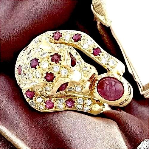 Unique CZ Ruby and CZ Diamond  Panther Leopard Ring in 14k Yellow Gold Plated Silver 925 – Elegant Animal Inspired Jewelry
