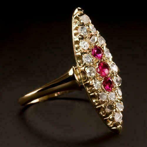 Lab-grown diamond and ruby ring, antique-style, 14k gold plated silver