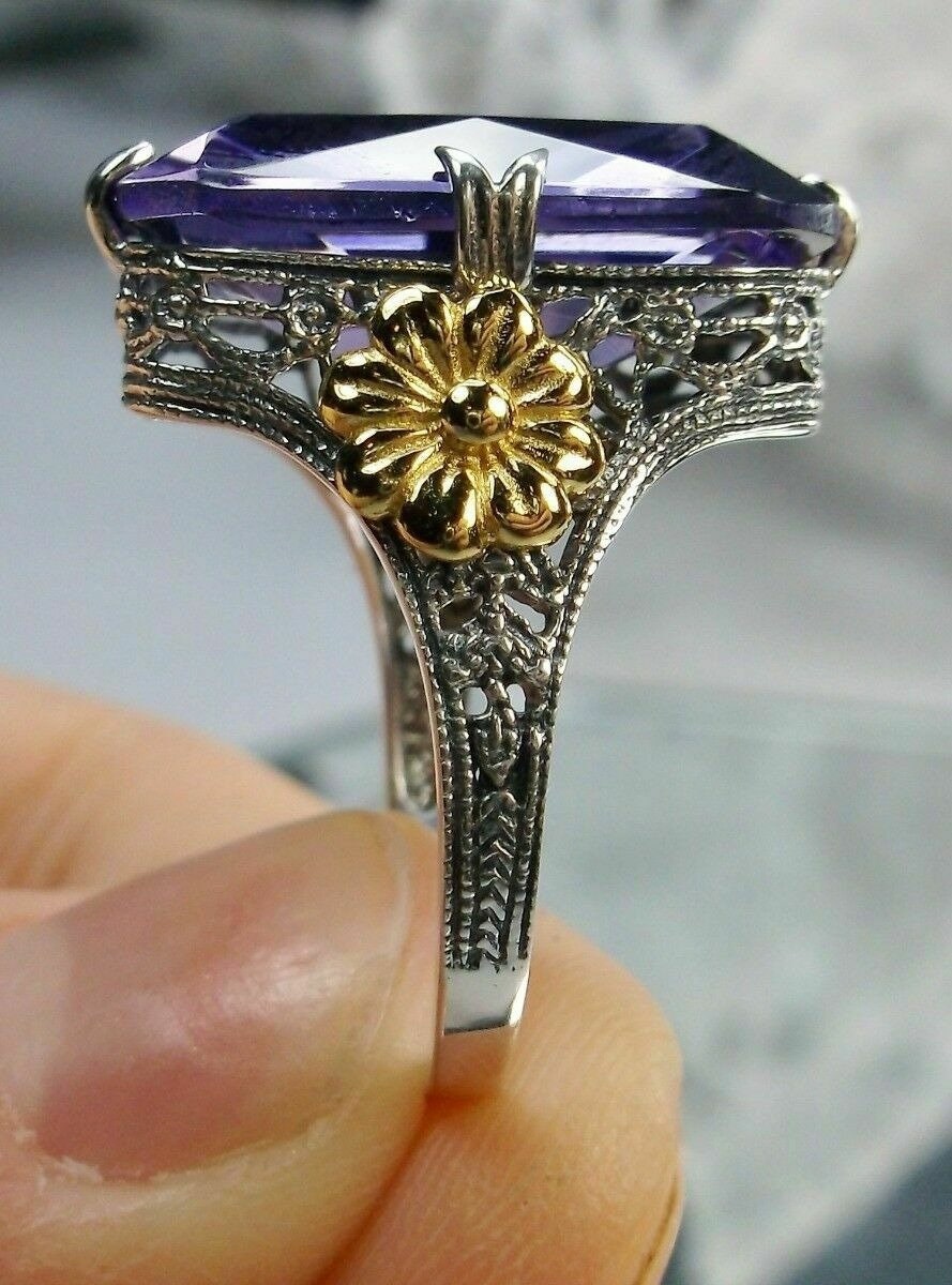 Natural Amethyst Ring in Sterling Silver 925 - Elegant Floral Band