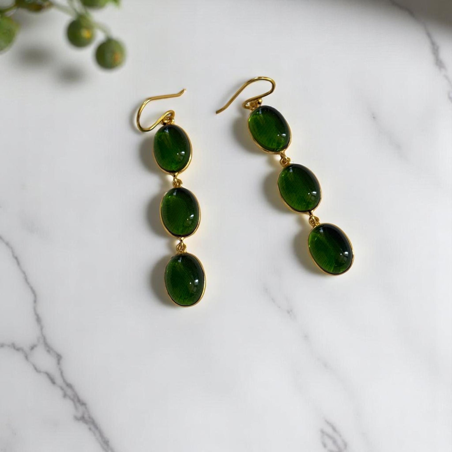 Lush Green Drops – 3-Stone Brass Earrings – Handcrafted Bohemian Chic.