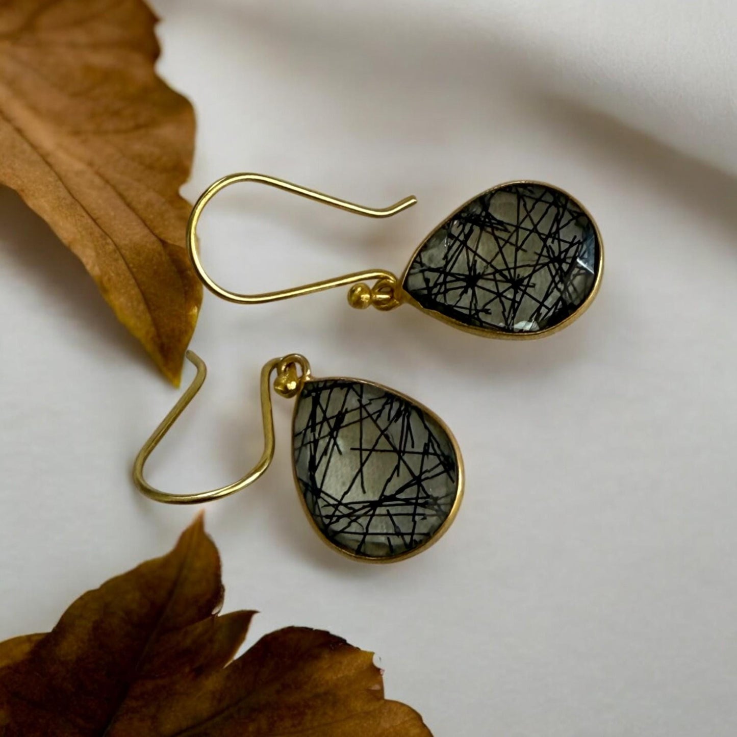 Handmade Rutilated Quartz Earrings – Teardrop Gemstone Dangle Earrings – Gold-Plated Jewelry Gift for Women.