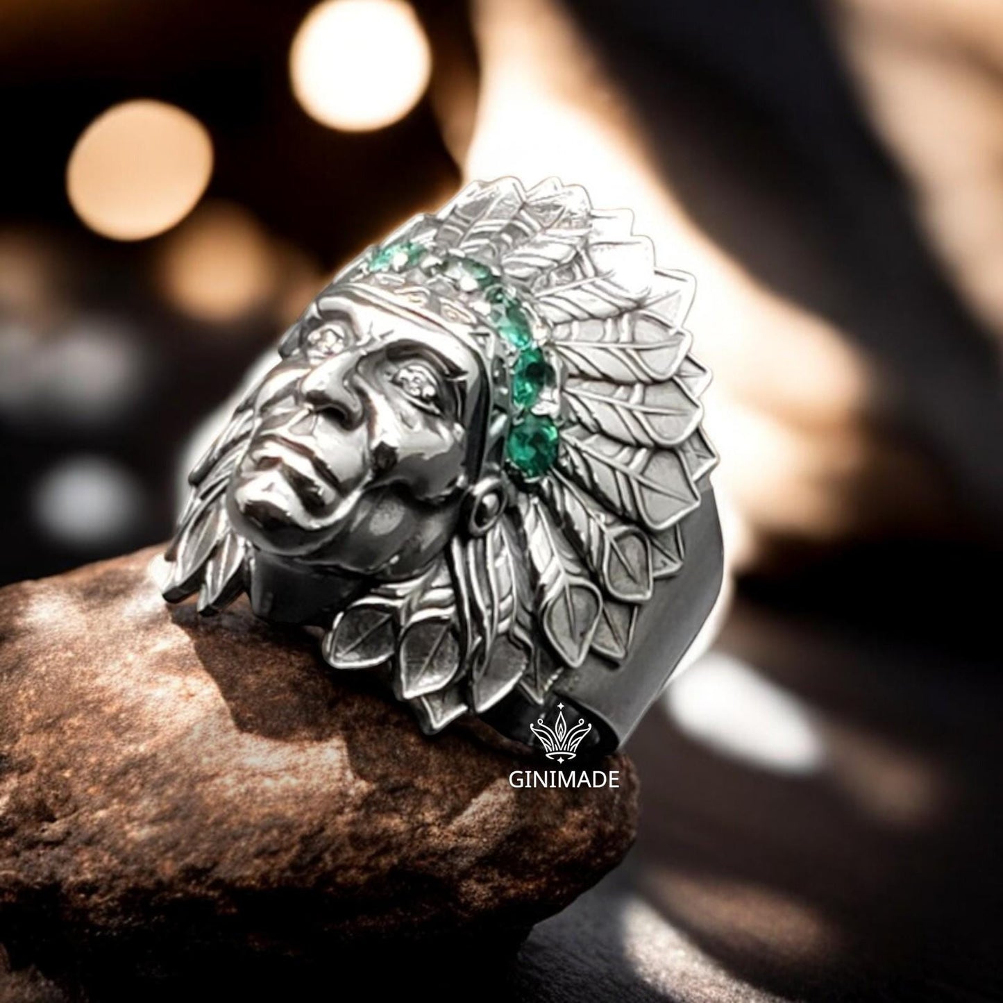 Tribal Chief Ring | 925 Sterling Silver Warrior Band | Bold Men's Statement Ring | Emerald CZ Crown | Handmade Father's Day Gift